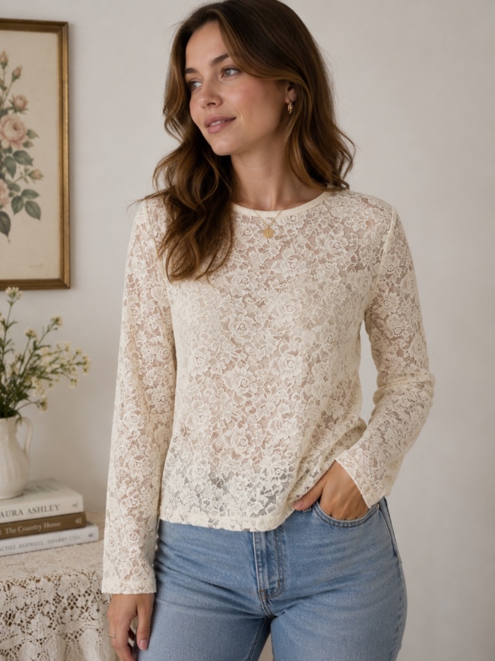 VTG Laura Ashley Lace Blouse Ivory Womens L Sheer Victorian Cottagecore